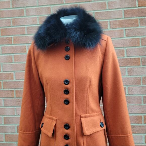 Henig Furs Rust Ochre Burnt Orange Wool Blend Foat with Genuine Fox Collar 4 6 - Picture 4 of 11